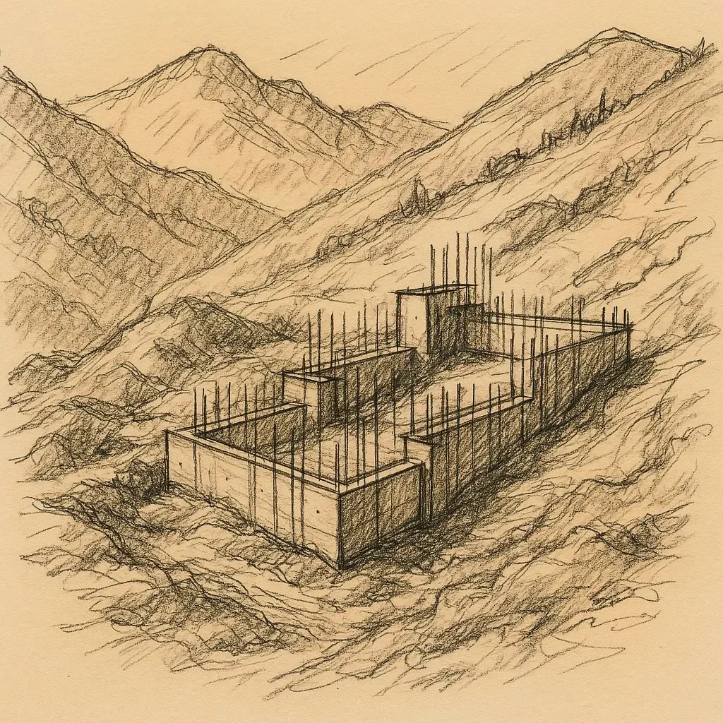 Sketch of a stepped concrete foundation following a mountain slope