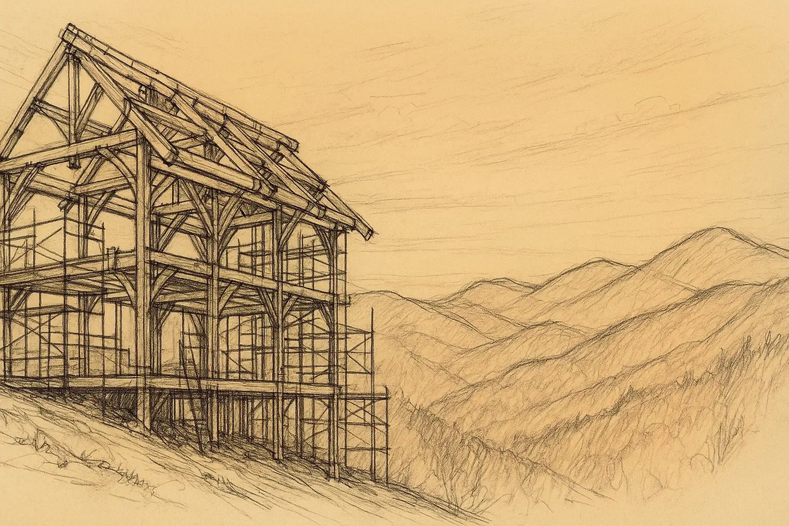 Sketch of a timber frame structure under construction on a mountain slope