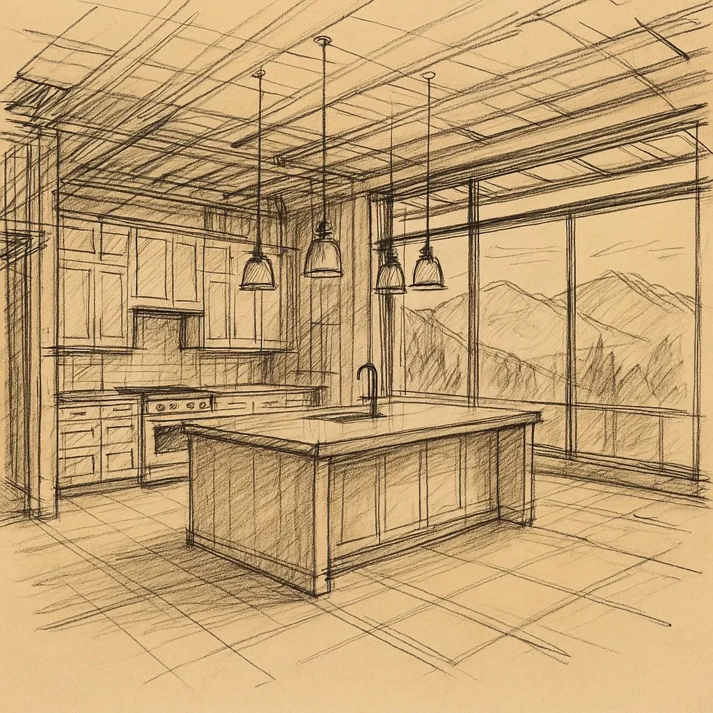 Sketch of a luxury mountain home kitchen with custom cabinetry and mountain views