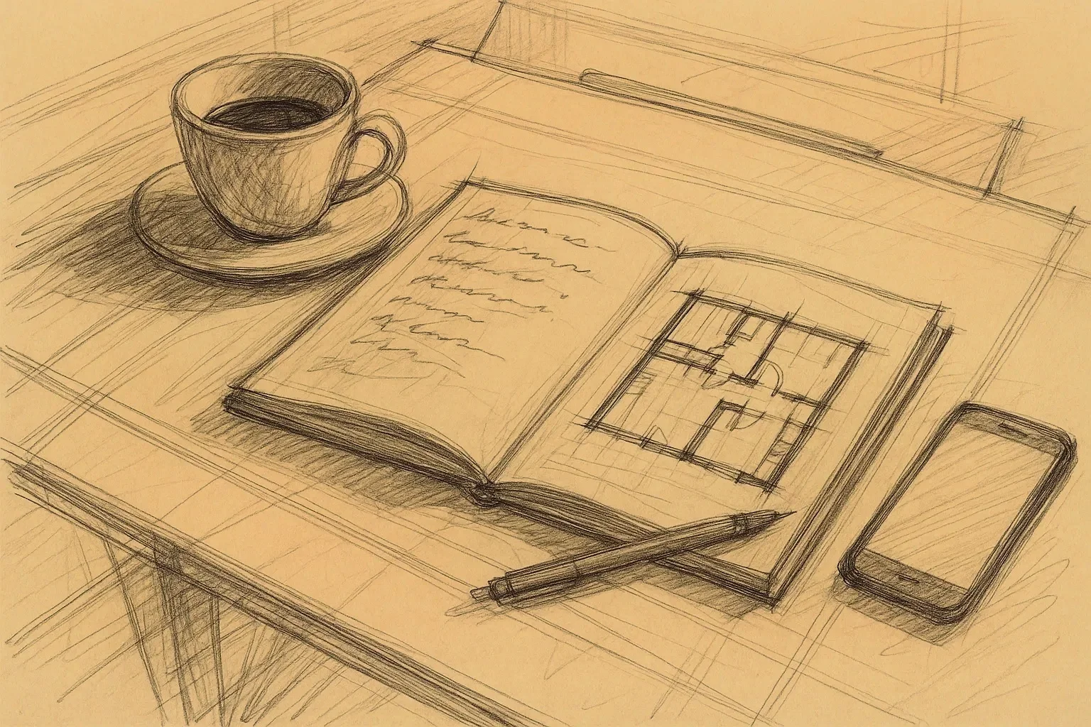 Architectural notebook with floor plan sketch, coffee cup, and phone on a drafting table