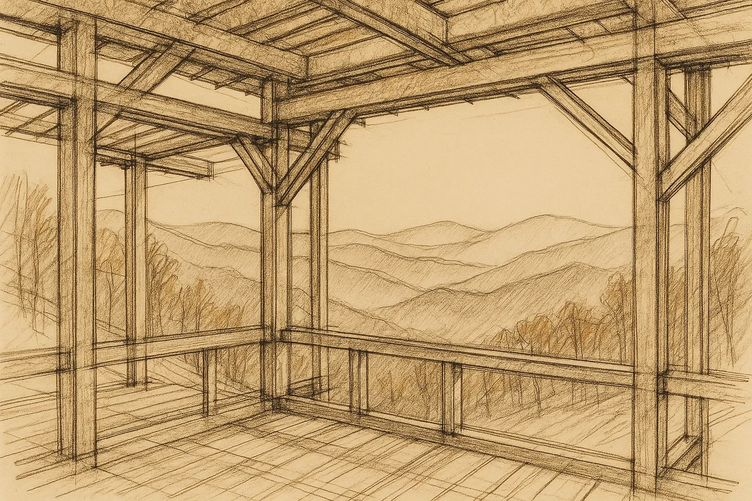 Architectural sketch of Blue Ridge Mountains seen through timber framing of a home under construction