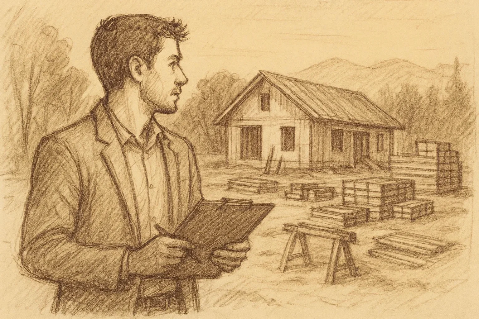 Sketch of Jason at an organized workspace with project timelines on the wall
