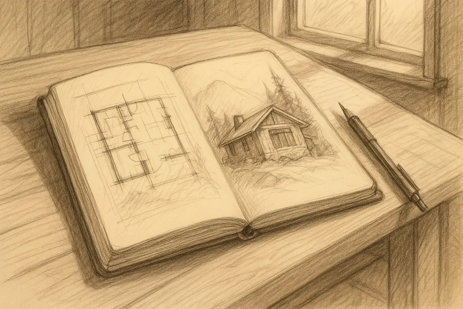 Architectural sketchbook open on a drafting table with pencil drawings of a mountain home