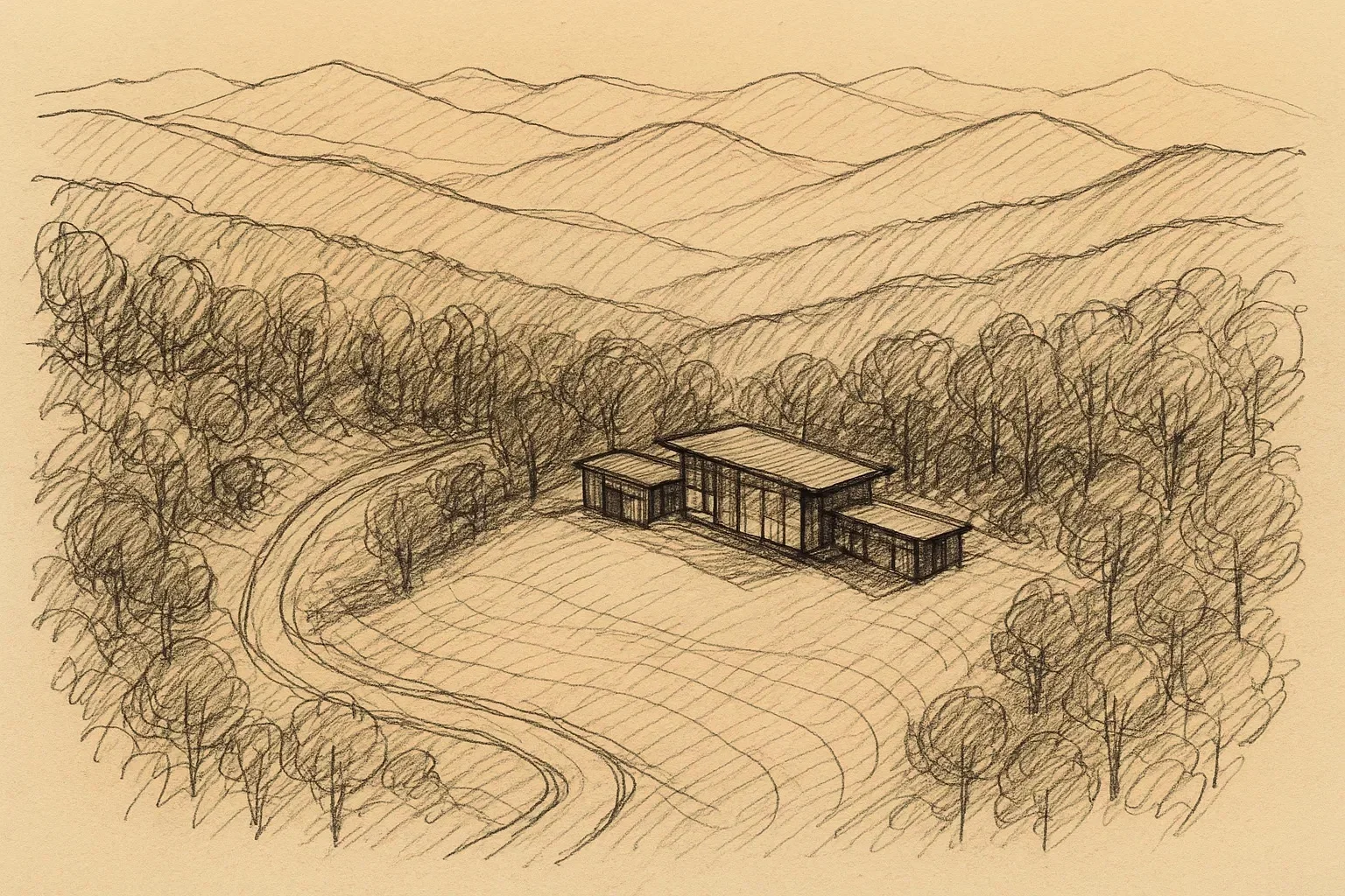 Aerial sketch of a mountain building lot with topographic contour lines