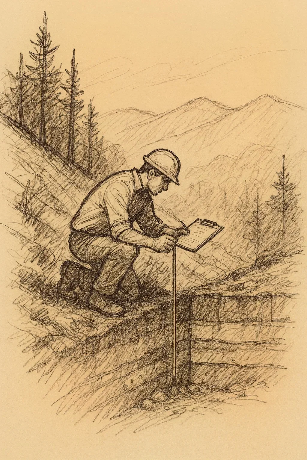 Sketch of a builder evaluating a steep mountain building site