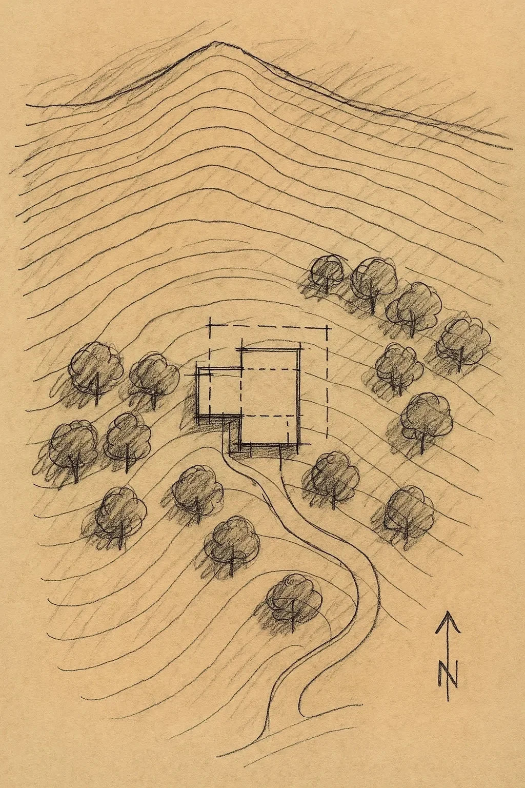 Site plan sketch showing a mountain building lot with topographic contours