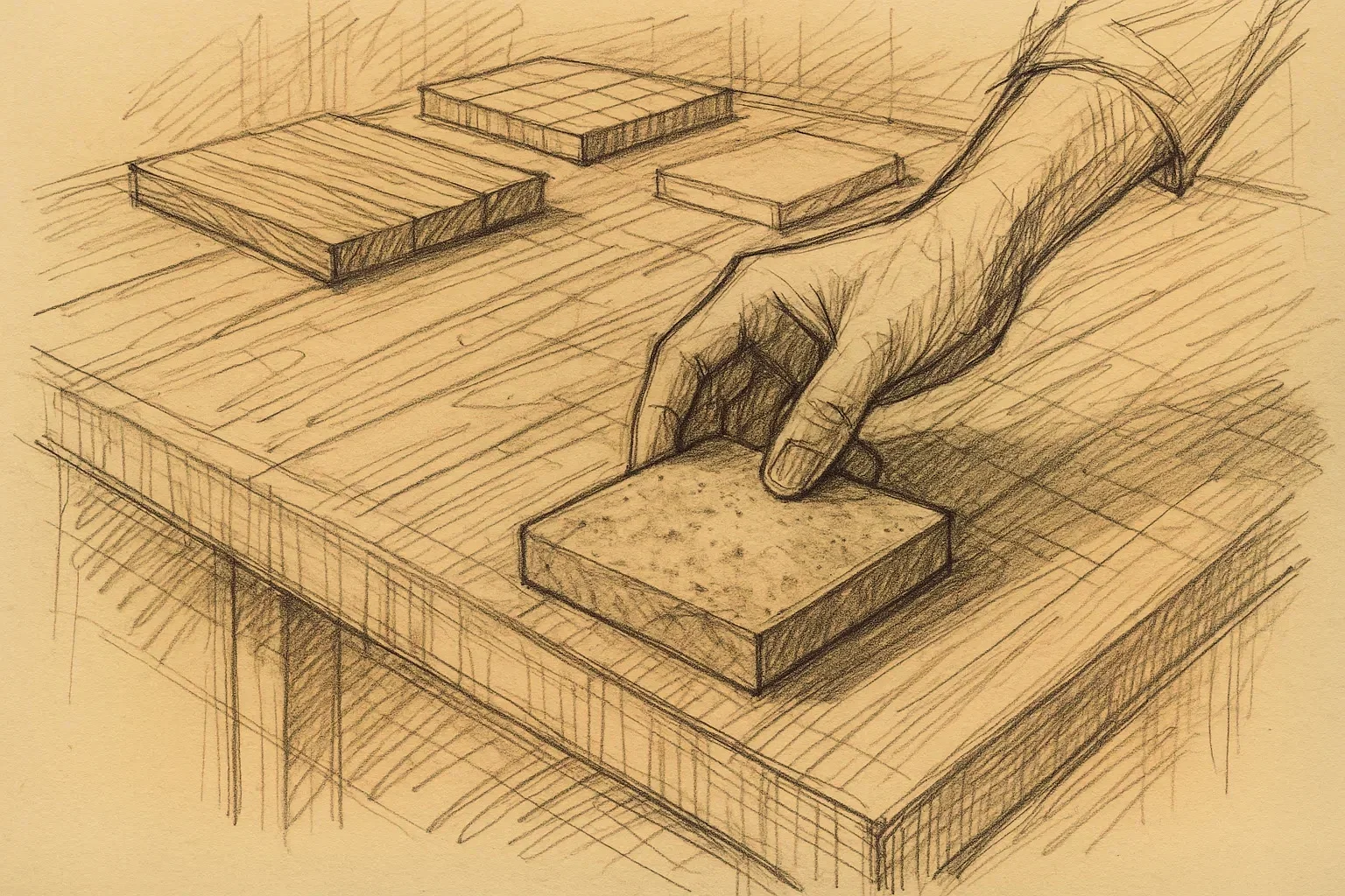 Sketch of hands examining material samples on a worktable