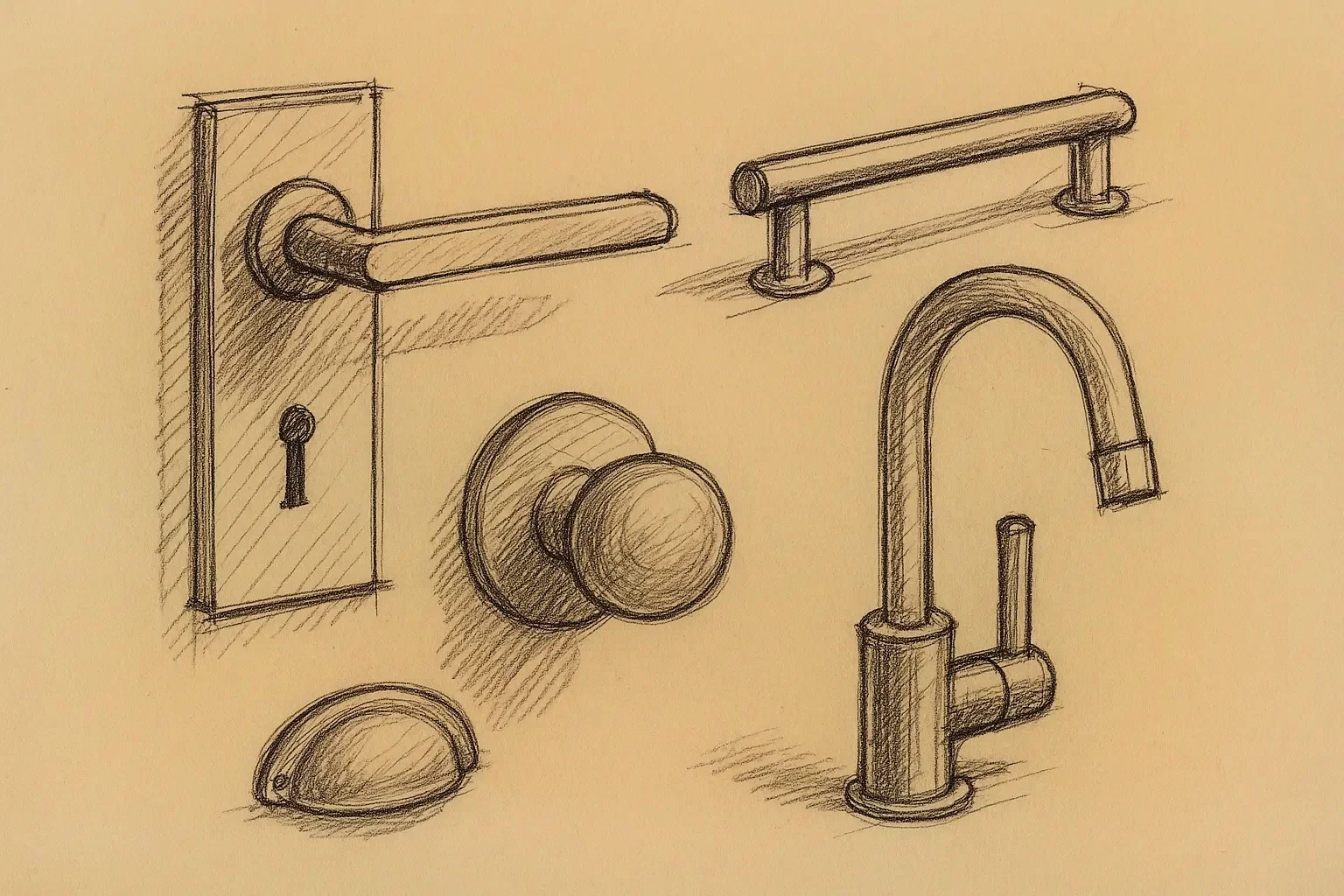 Hardware & Fixtures: Cabinet pulls, faucets, and bath fixtures. All on display