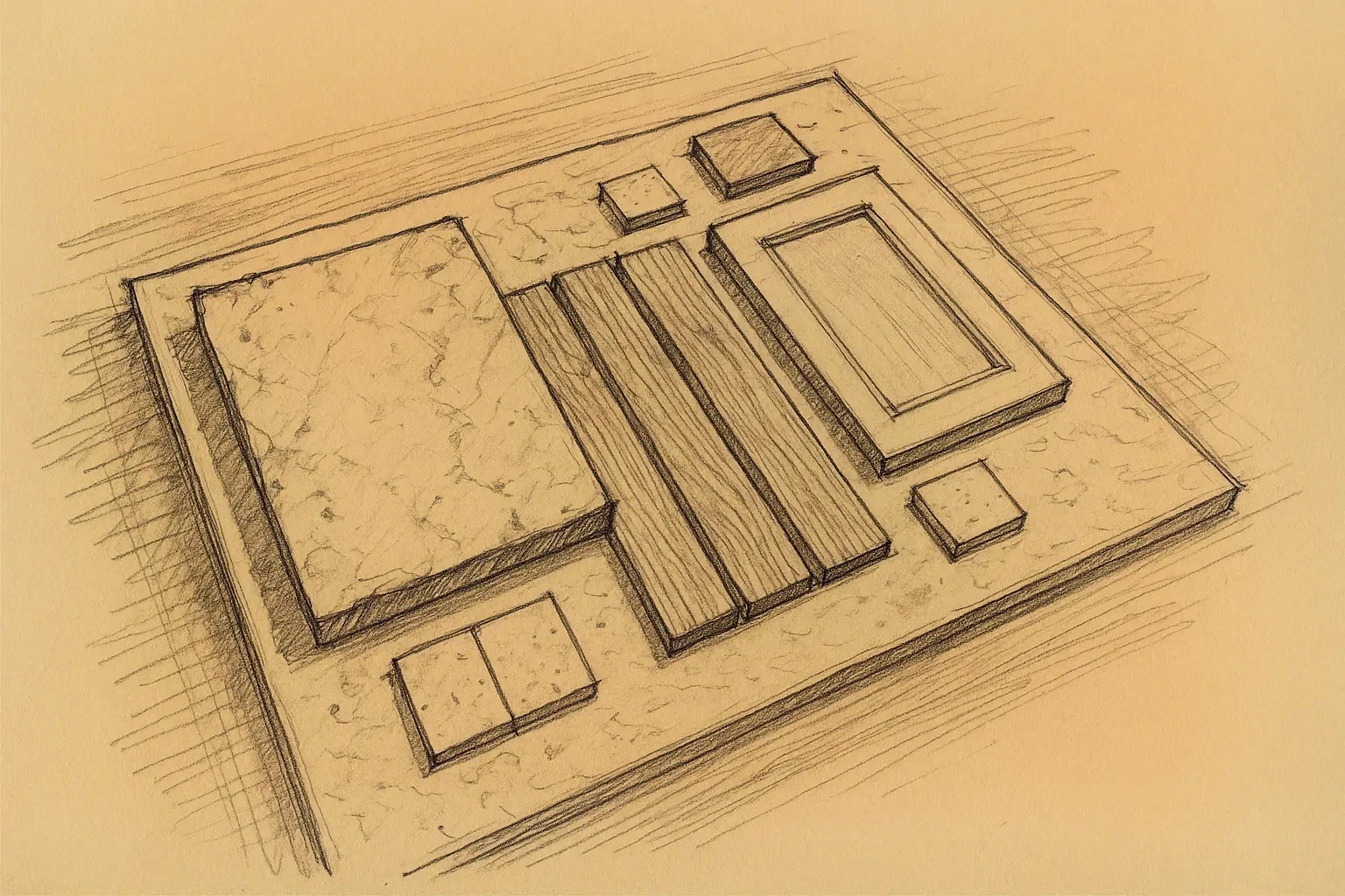 Sketch of a material selection board with stone, wood, and tile samples arranged for comparison