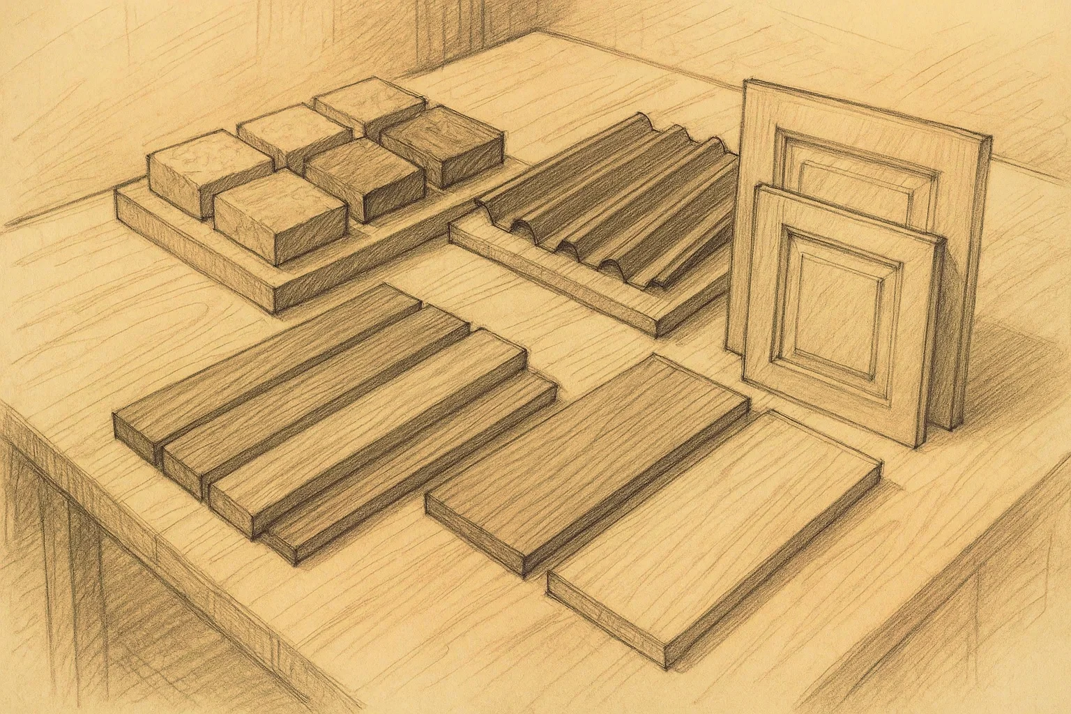 Natural stone, hardwood, and metal building material samples for a mountain home
