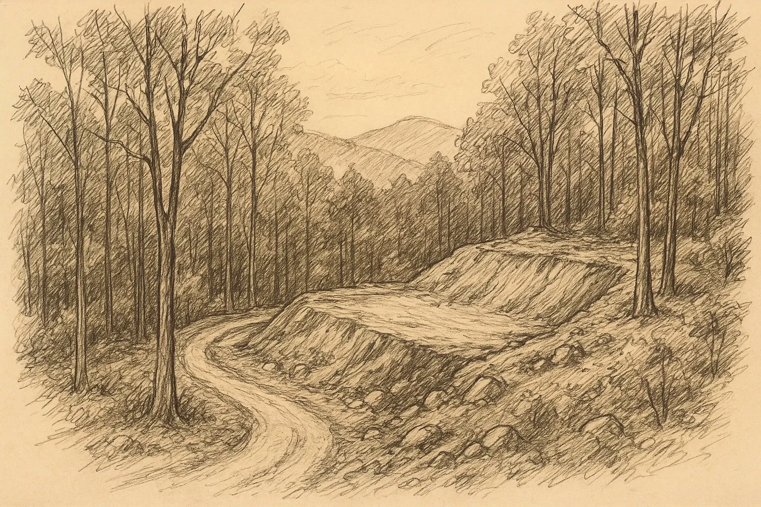 Aerial view of a steep wooded mountain lot being prepared for construction
