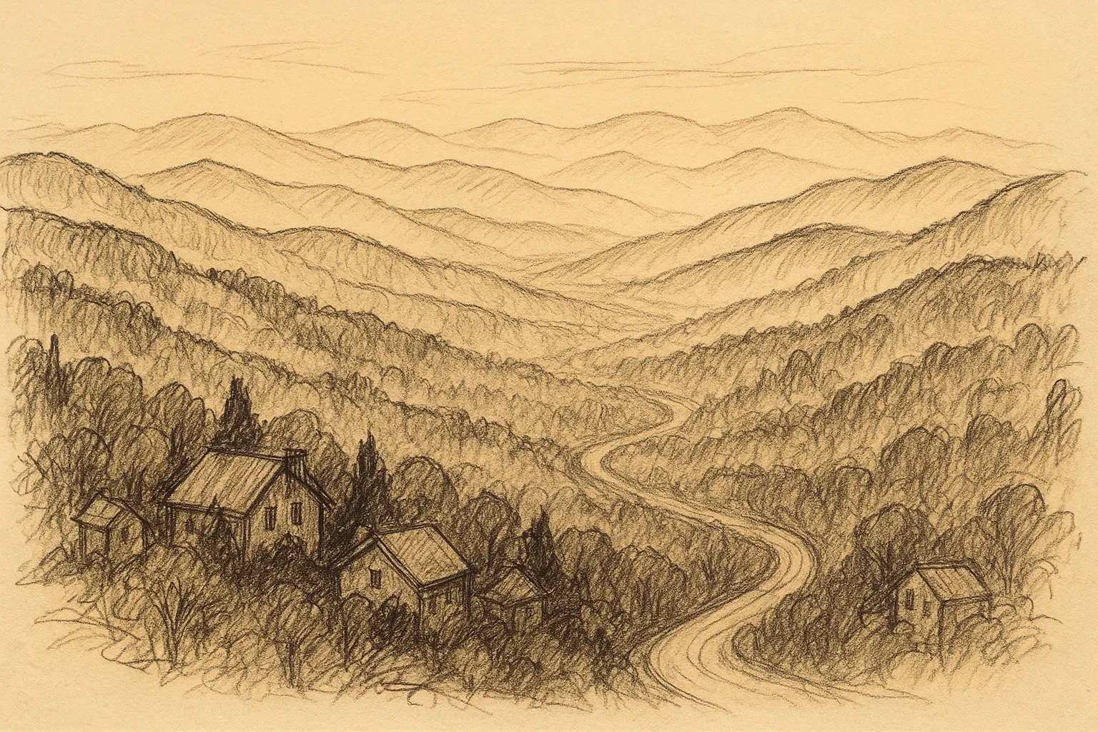 Panoramic view of the Blue Ridge Mountains at sunset near Asheville, NC